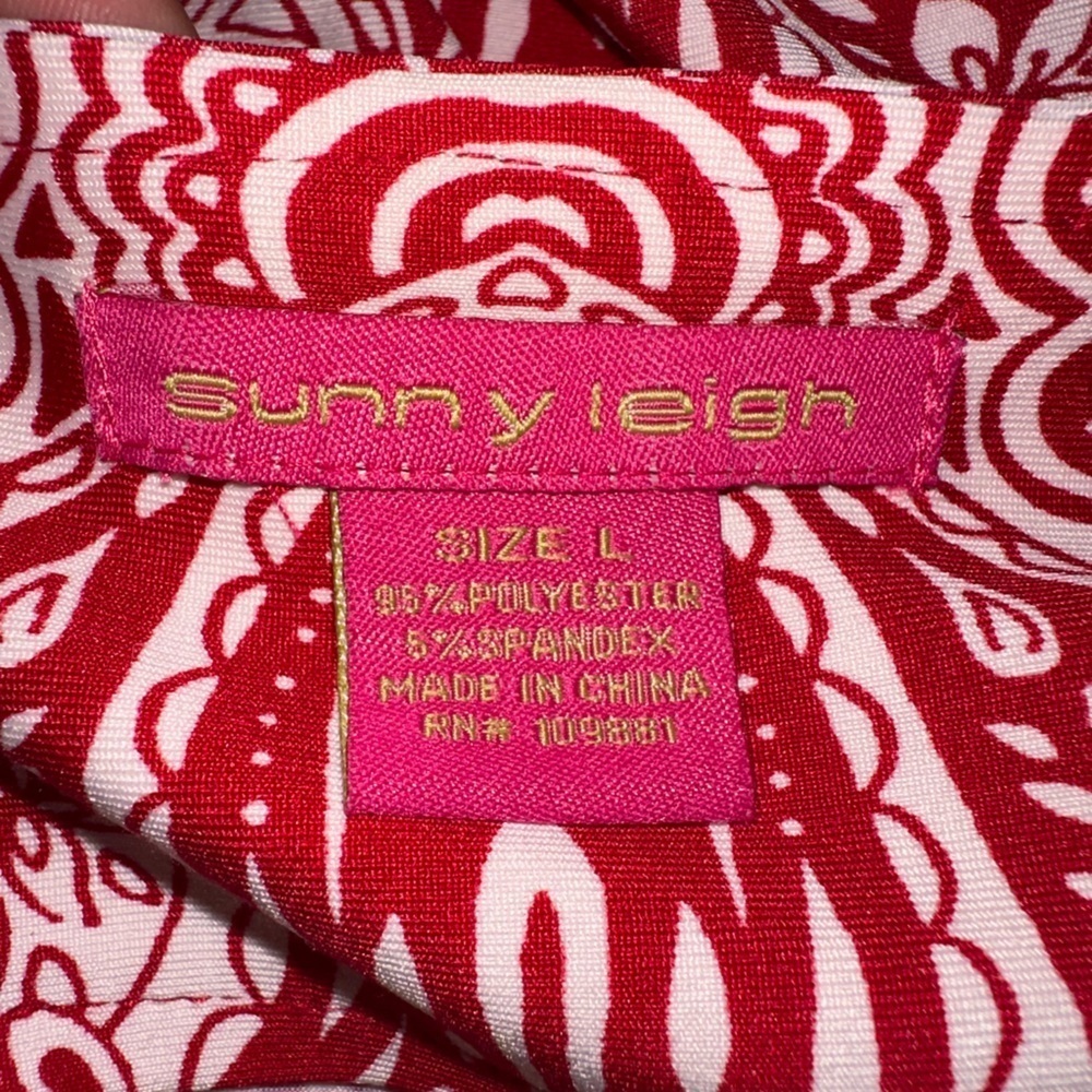 Sunny Leigh Red Paisley Sheath Dress Gold Metal Neck Cutout Stretch Office L - Picture 8 of 8